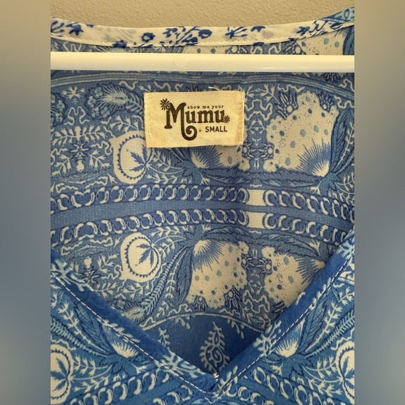 Show Me Your Mumu Shook Tunic Teacup Tulips SZ SM Paisley Blue White Shear Flowy - Picture 3 of 9